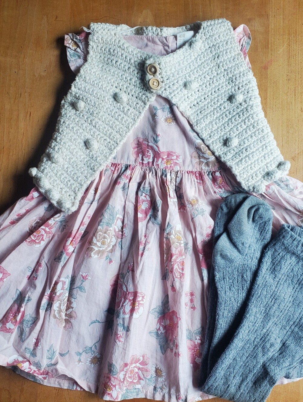 H&M 12-18 Month Pink Floral Dress, Gray Tights & Crochet Bauble Vest Outfit